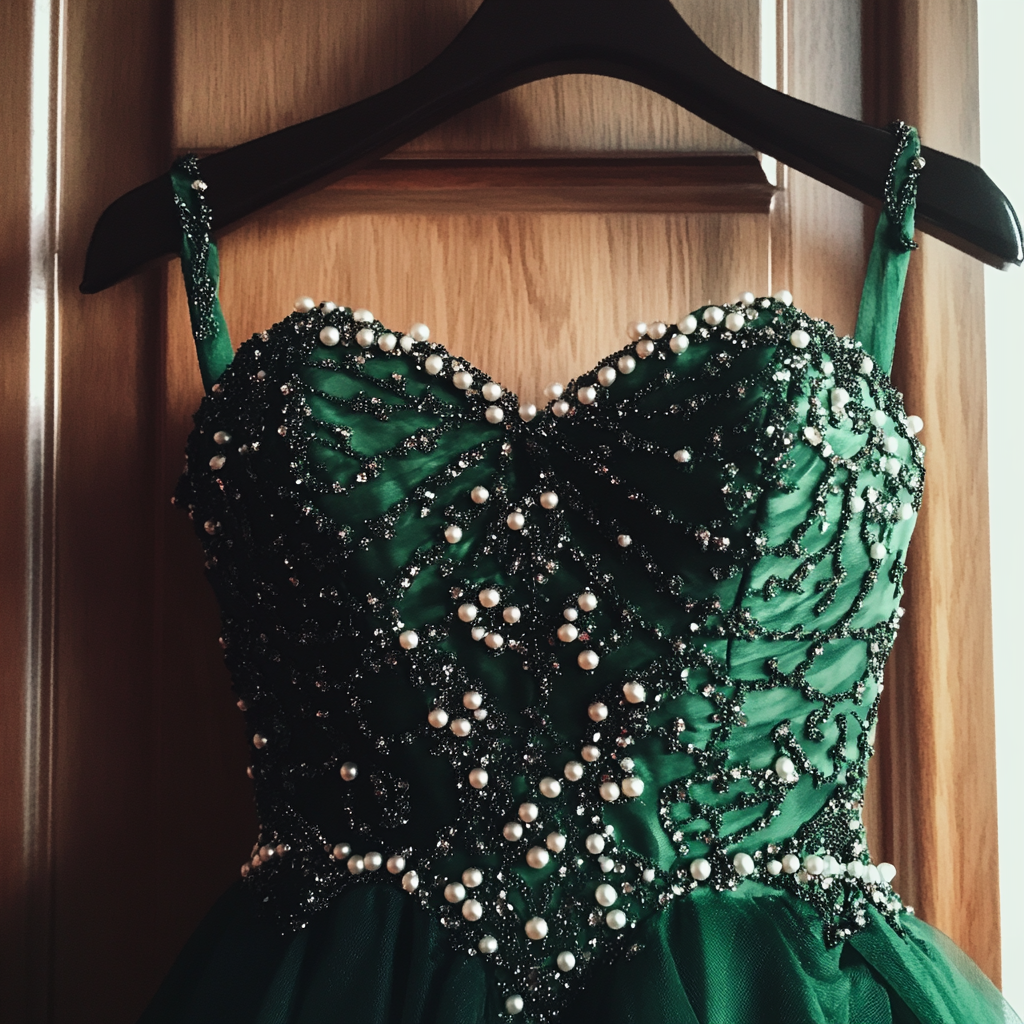 Un vestido de graduación verde esmeralda en una percha | Fuente: Midjourney