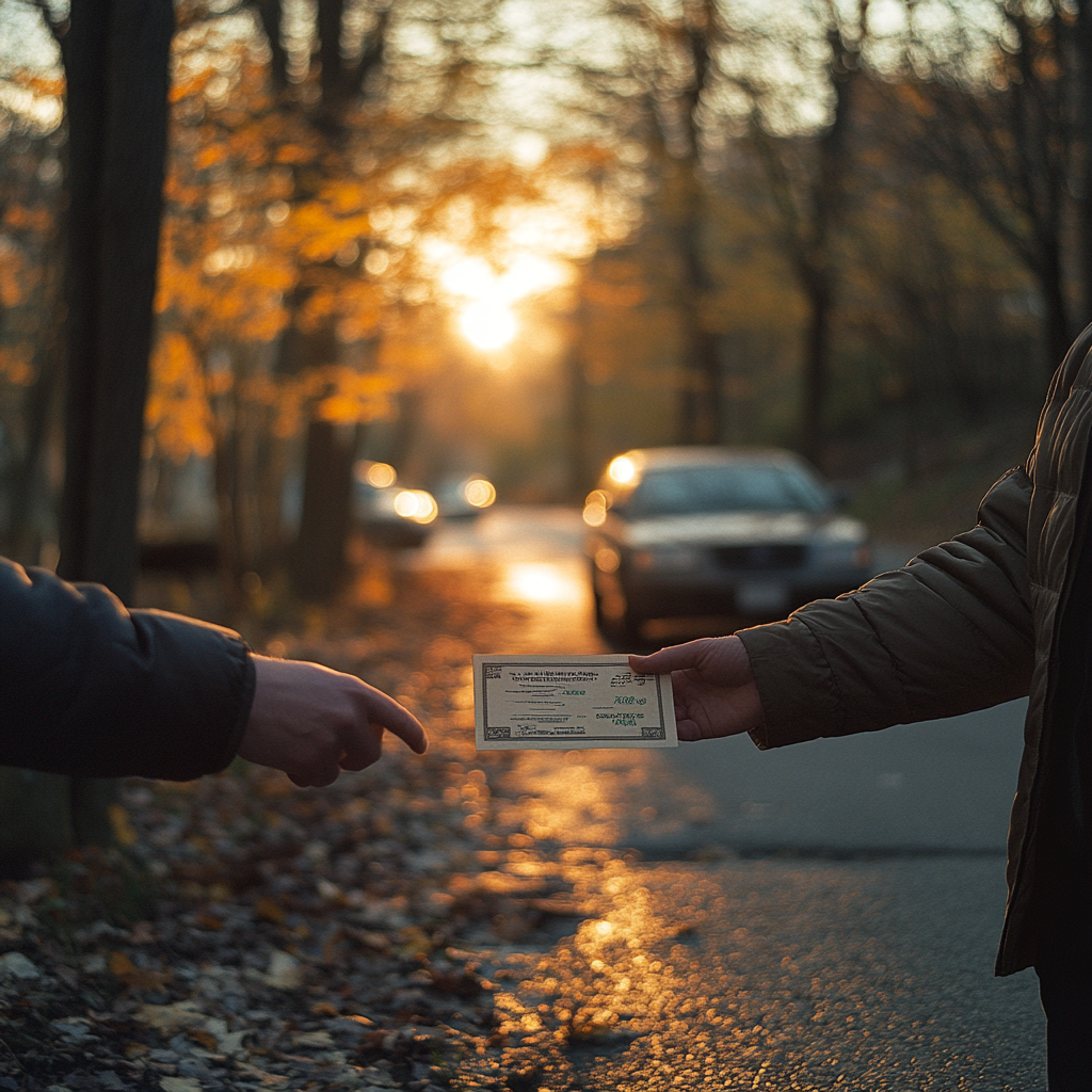 Un conductor entregando un cheque | Fuente: Midjourney