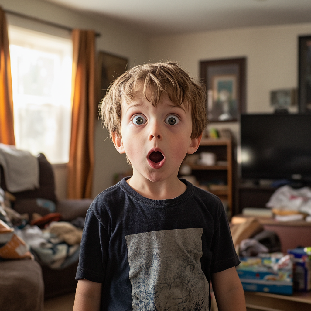 Un niño conmocionado en un salón desordenado | Fuente: Midjourney