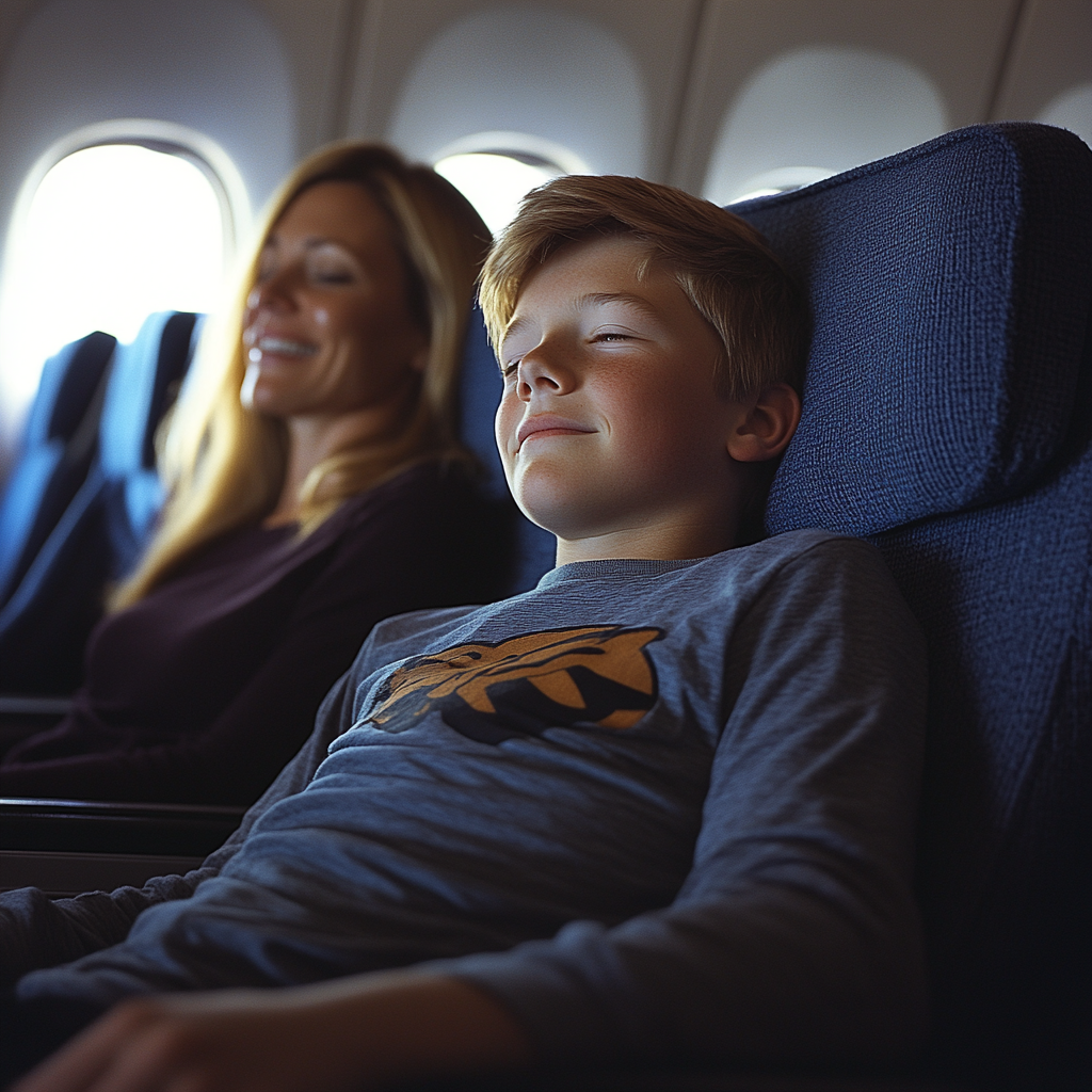 Un niño feliz y aliviado sentado cómodamente en su asiento del avión con su madre al lado | Fuente: Midjourney