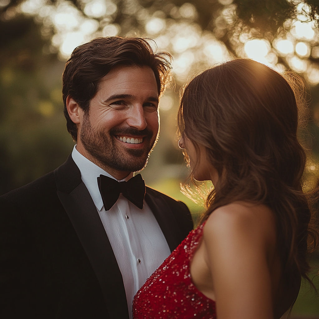 Un hombre feliz hablando con su novia en una boda | Fuente: Midjourney