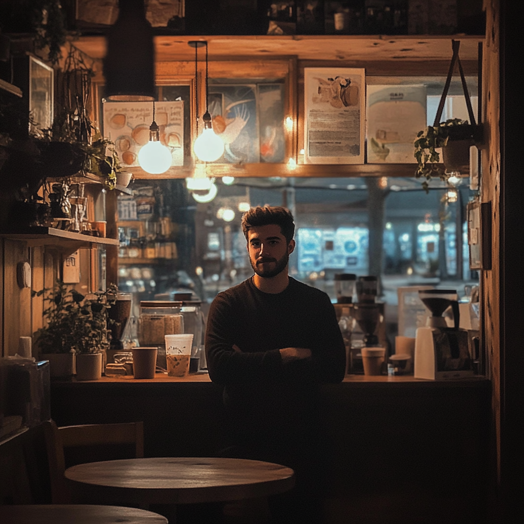 Un joven de pie en su acogedora cafetería de noche | Fuente: Midjourney