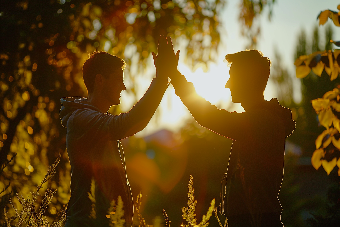 Dos hombres alegres chocándose los cinco | Fuente: Midjourney