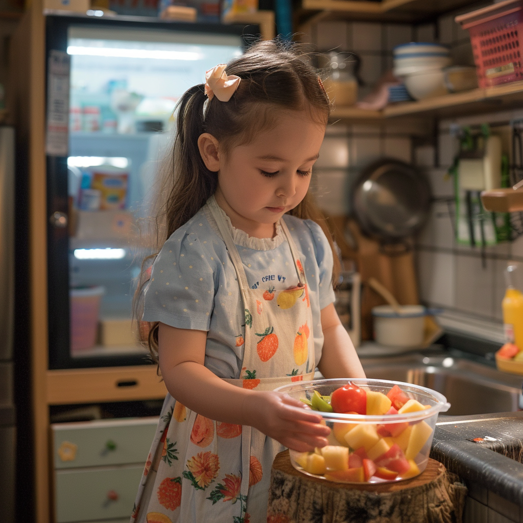 Una niña preparando una ensalada en su mini-cocina semi-funcional | Fuente: Midjourney