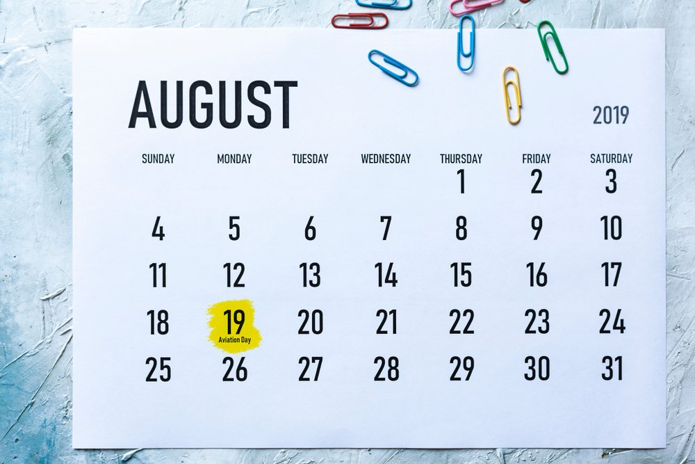 Día de la aviación. 19 de agosto de 2019 resaltado en el calendario. | Fuente: Shutterstock