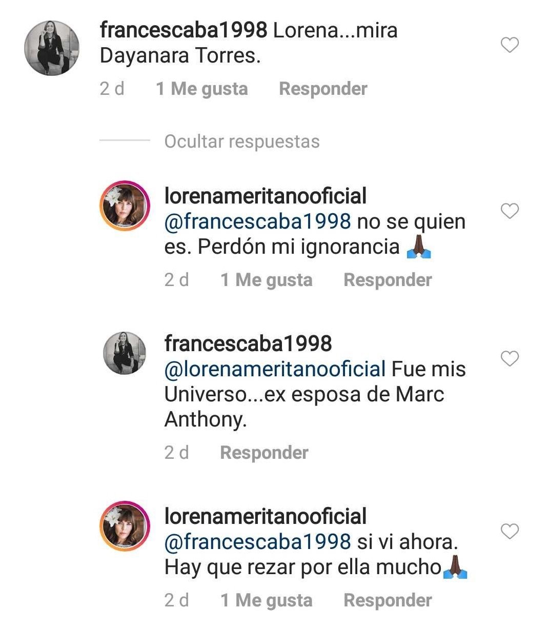 Lorena respondiendo a un fan, diciendo no conocer a Torres. | Imagen: Instagram / lorenameritanooficial