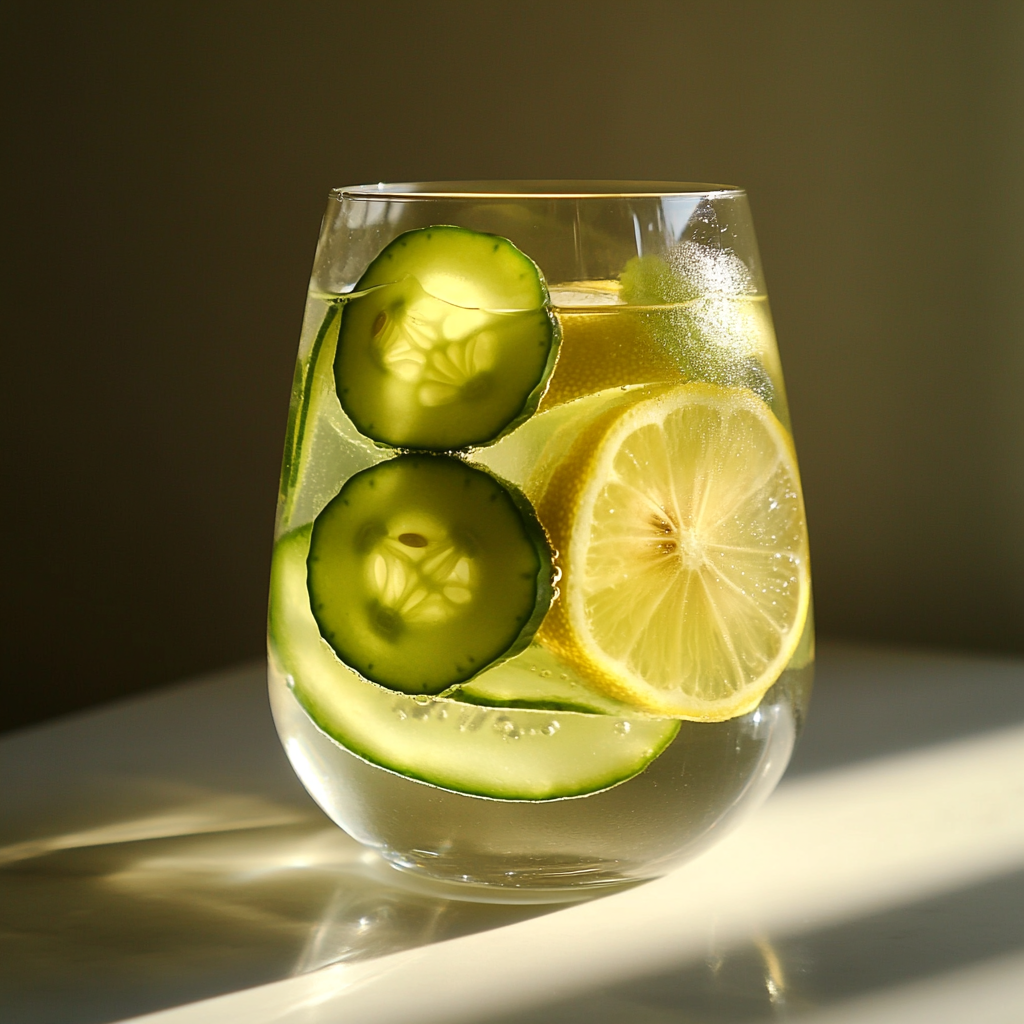 Un vaso de agua de limón y pepino | Fuente: Midjourney