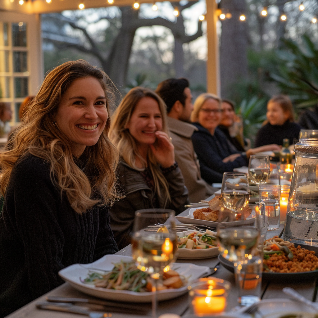 Gente disfrutando de la cena en una reunión familiar | Fuente: Midjourney