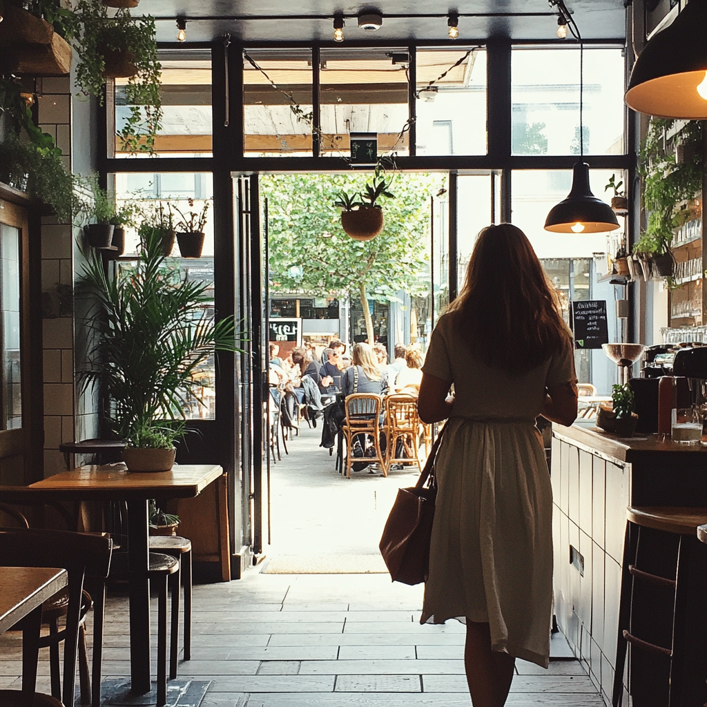 Una mujer de pie en un café | Fuente: Midjourney