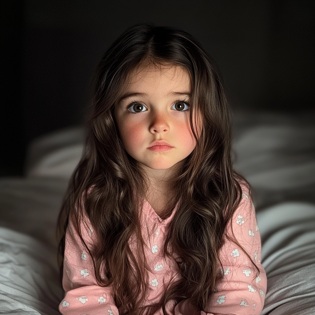 Una niña sentada en una cama | Fuente: Midjourney
