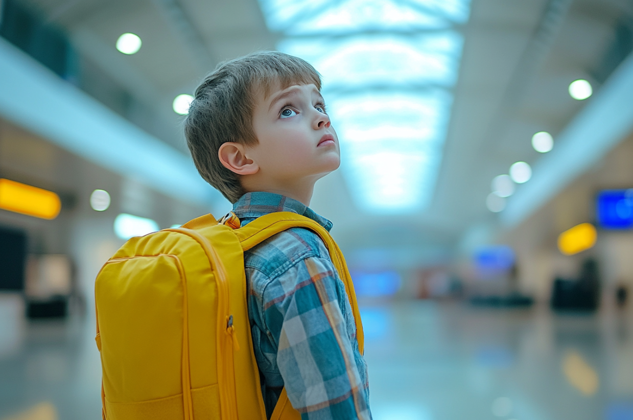 Un niño en un aeropuerto | Fuente: Midjourney