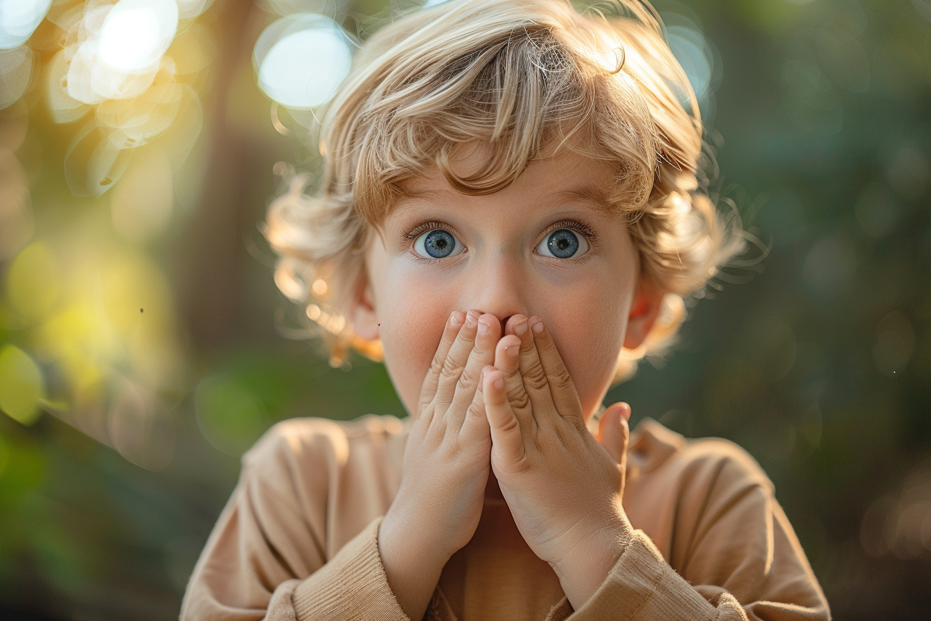 Niño sorprendido tapándose la boca | Fuente: Midjourney