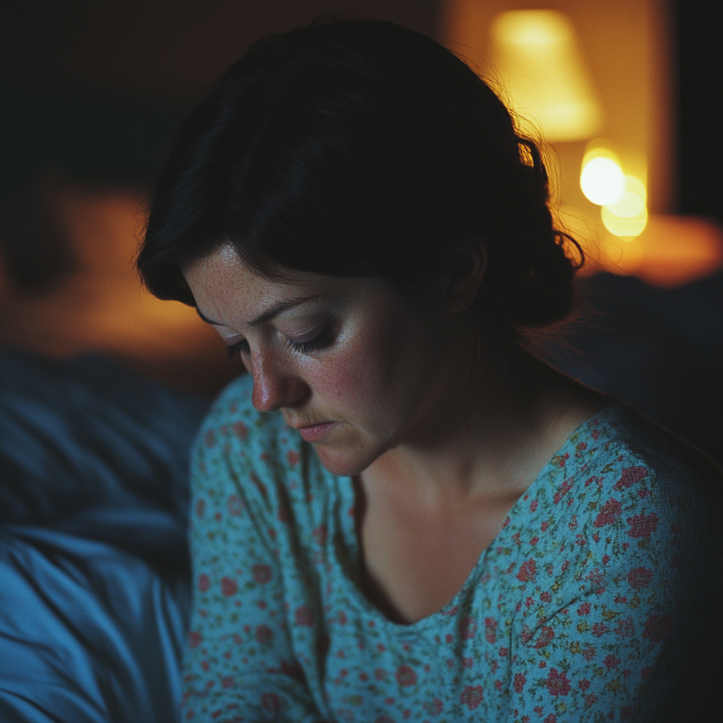 Una mujer triste en la cama | Fuente: Midjourney