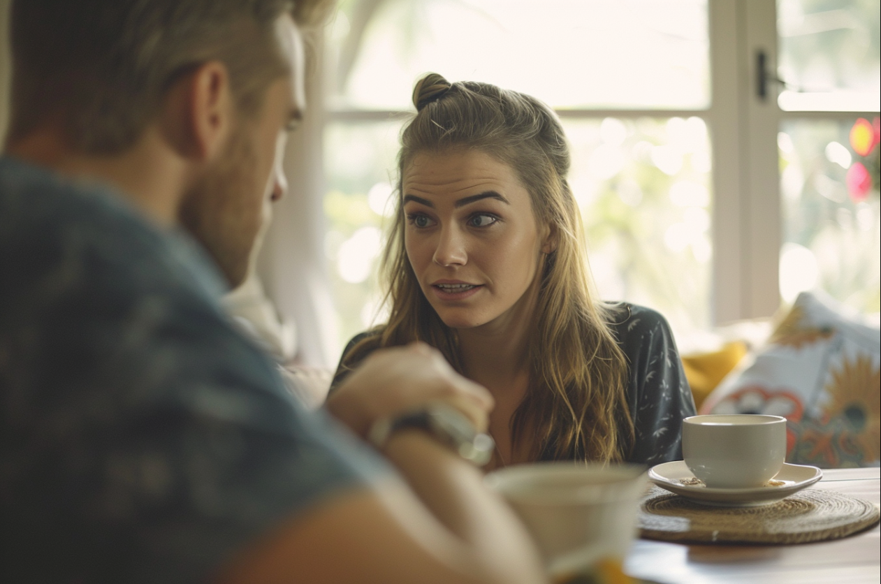 Una mujer seria hablando con su marido | Fuente: MidJourney