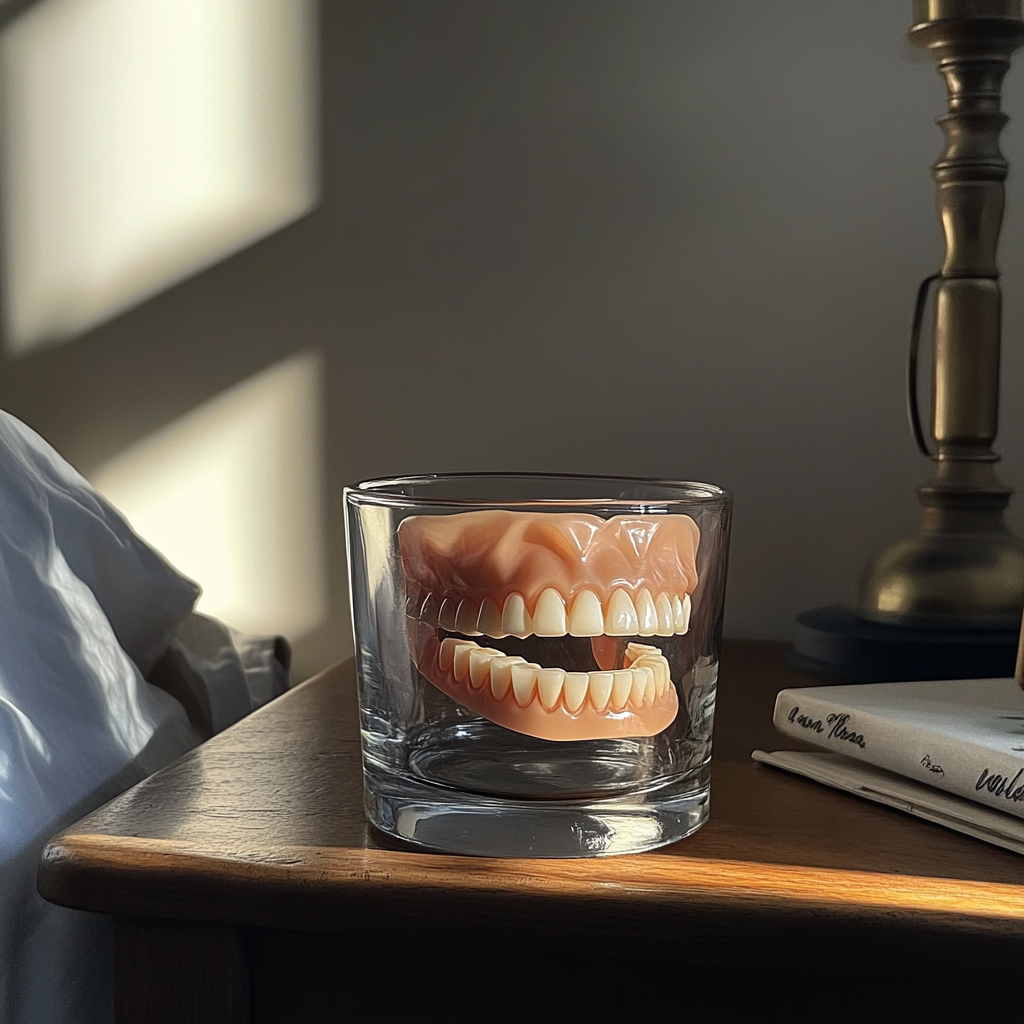 Dentadura postiza en un vaso de agua sobre una mesilla de noche | Fuente: Midjourney