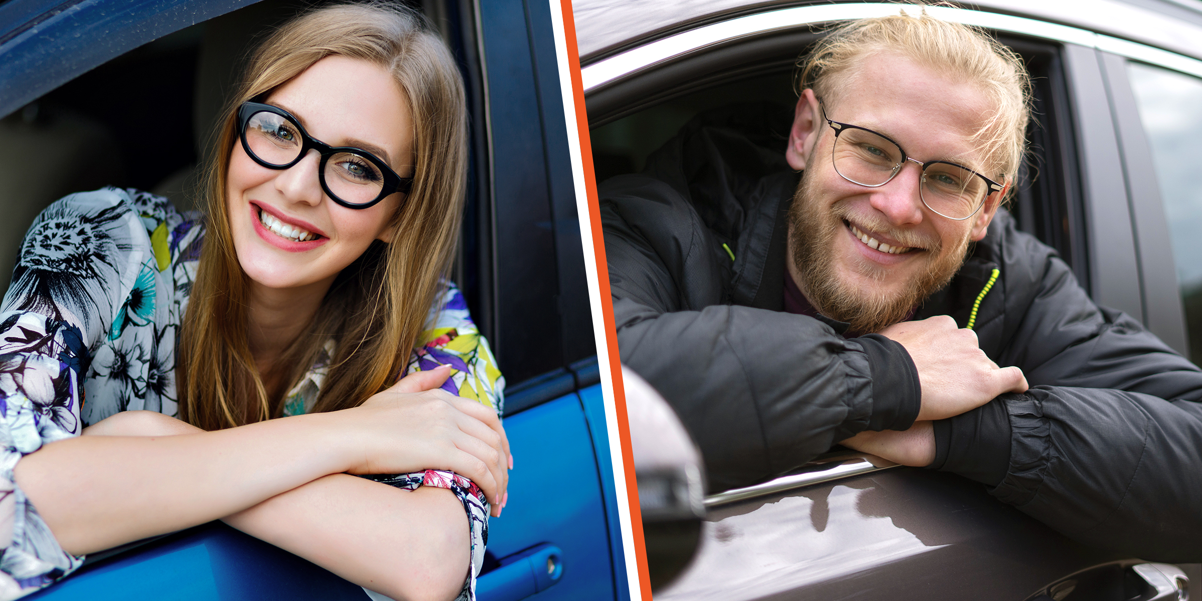 Una mujer feliz asomada a un coche | Un hombre feliz asomado a un automóvil | Fuente: Shutterstock | Freepik