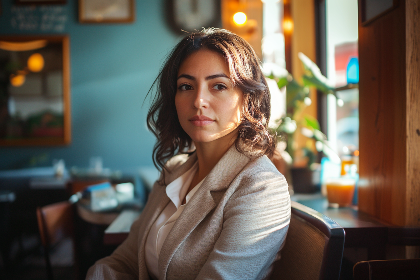 Una mujer pensativa observando a alguien en un café | Fuente: Midjourney