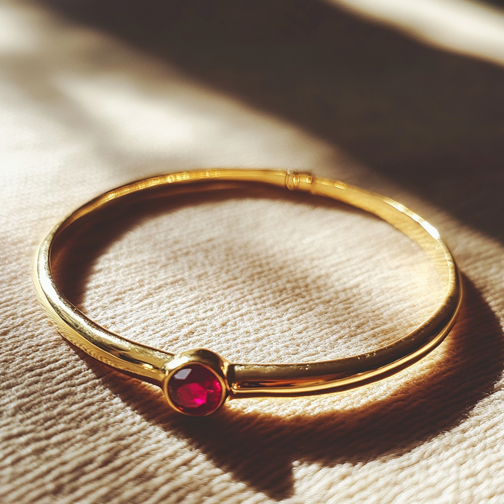 Una pulsera de oro con una piedra roja | Fuente: Midjourney