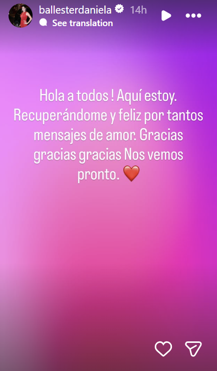 Comunicado de Daniela Ballester sobre su estado de salud tras sufrir un ACV hemorrágico | Fuente: Instagram Stories/ballesterdaniela