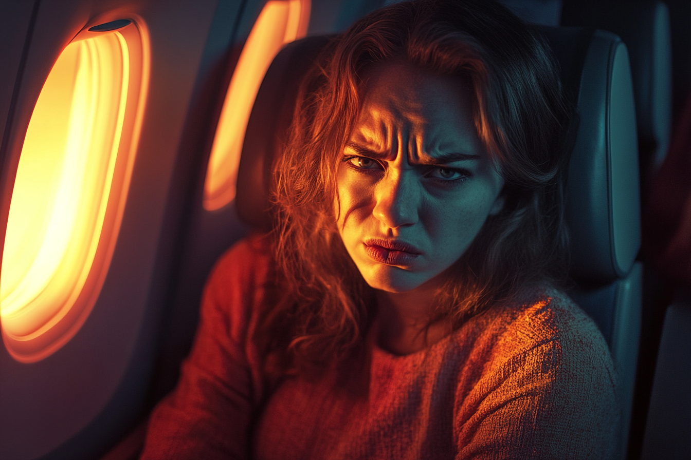 Una mujer molesta sentada en un avión | Fuente: Midjourney