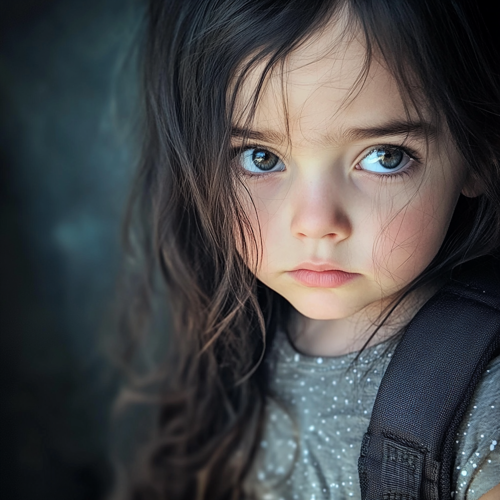 Una niña triste con una mochila sobre los hombros | Fuente: Midjourney