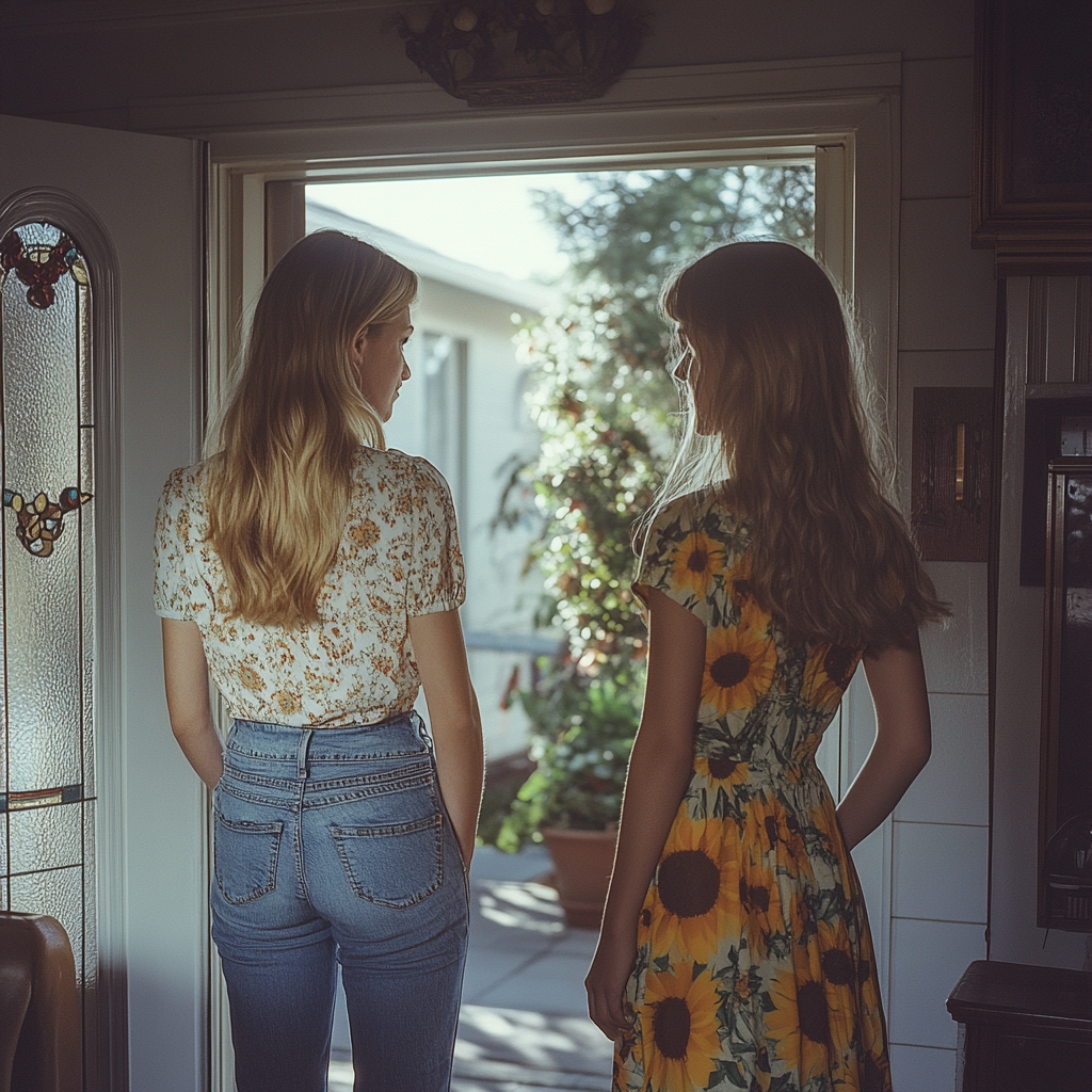 Una madre y su hija saliendo de casa | Fuente: Midjourney