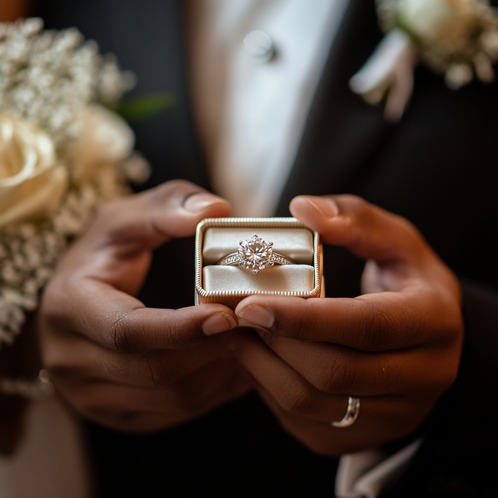 Un hombre con una caja de anillos | Fuente: Midjourney