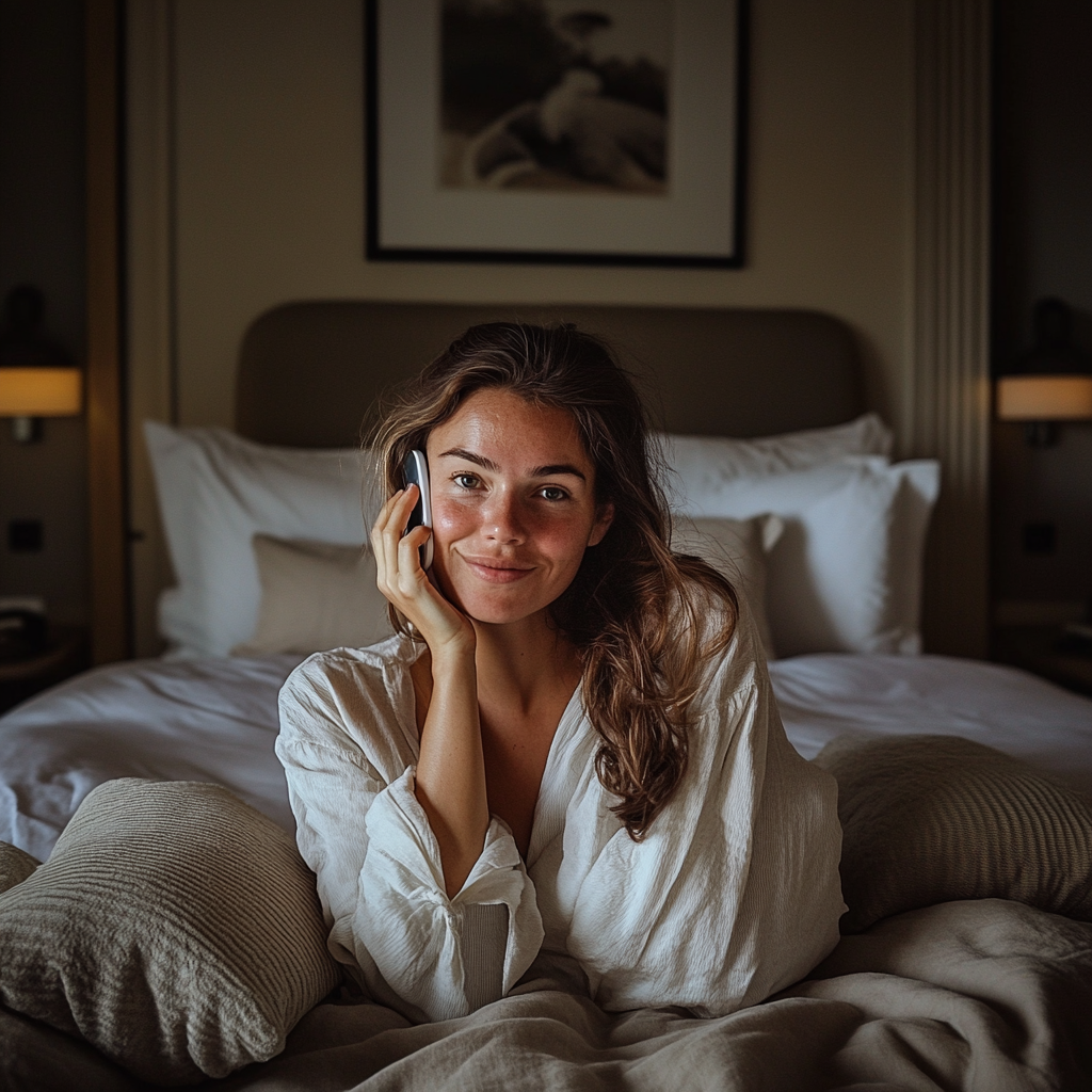 Mujer en una habitación de hotel haciendo una llamada telefónica | Fuente: Midjourney