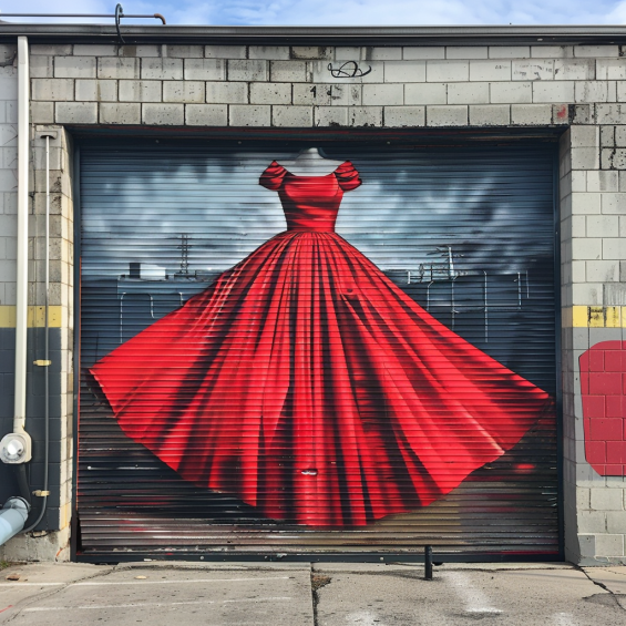 Un precioso mural de un vestido rojo en la puerta de un garaje | Fuente: Midjourney