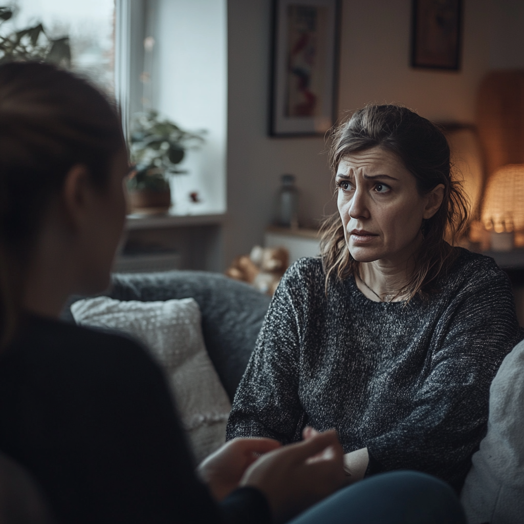 Una mujer hablando con su hermana en el salón ⏐ Fuente: Midjourney