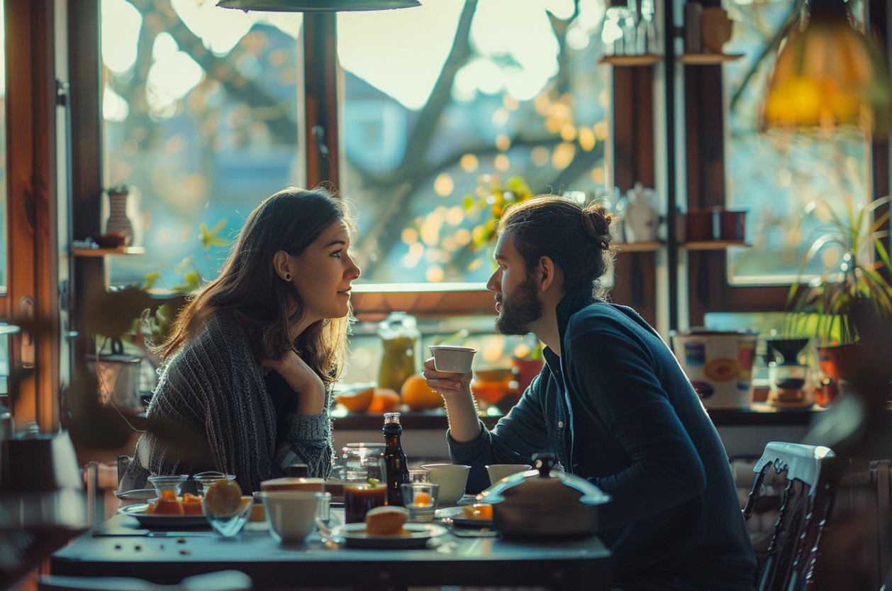 Una pareja manteniendo una conversación seria | Fuente: MidJourney