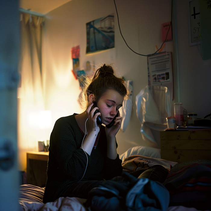 Una joven hablando por teléfono en su habitación | Fuente: Midjourney