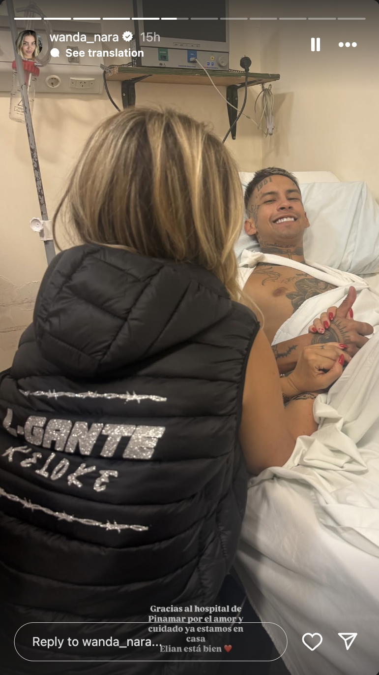 Wanda Nara junto a L-Gante desde el hospital tras su accidente en cuatriciclo | Fuente: Instagram Stories/wanda_nara