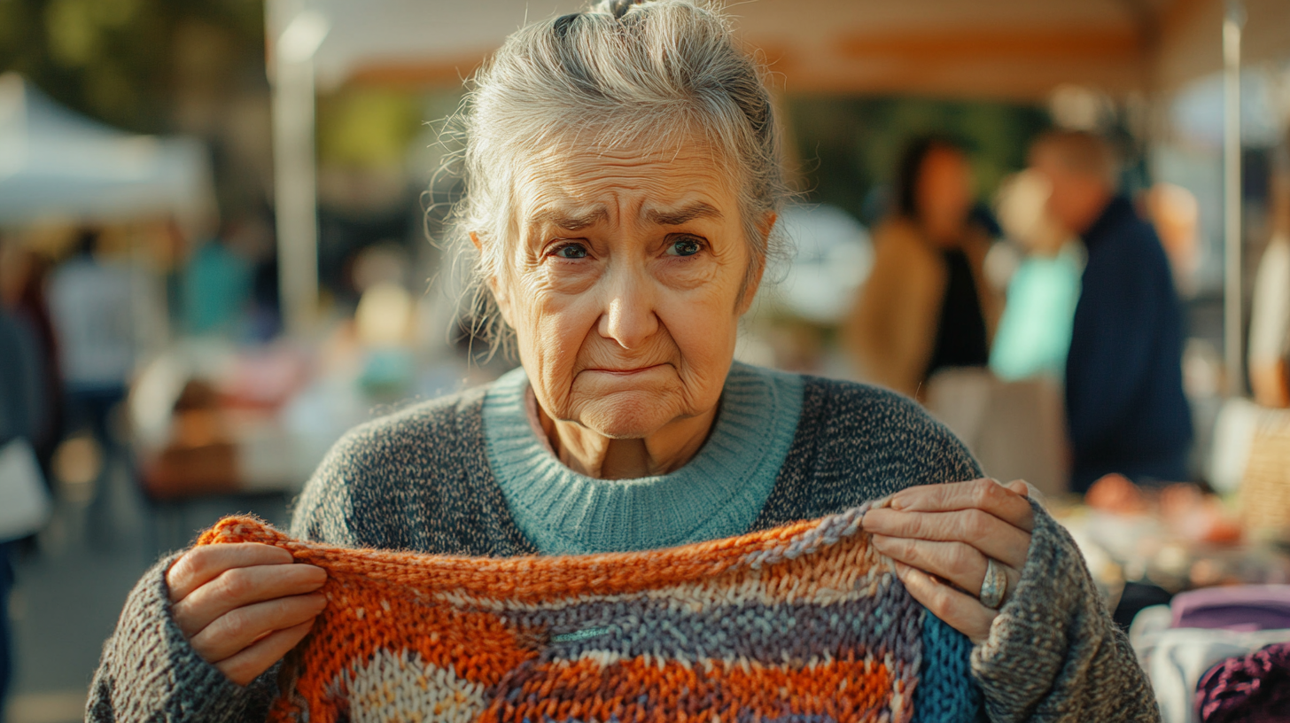 Una anciana triste con un jersey de punto | Fuente: Midjourney