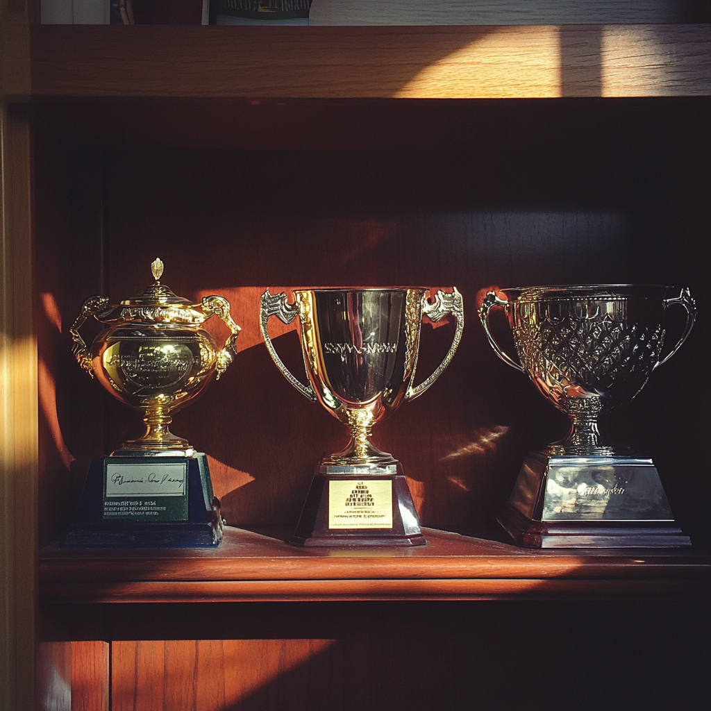 Trofeos escolares en una estantería | Fuente: Midjourney