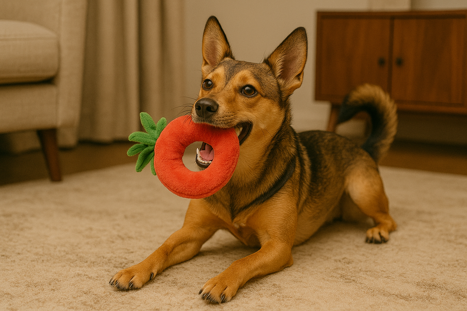 Un perro feliz con un juguete | Fuente: DALL-E
