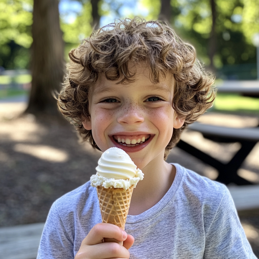 Un niño con un cucurucho de helado en la mano | Fuente: Midjourney