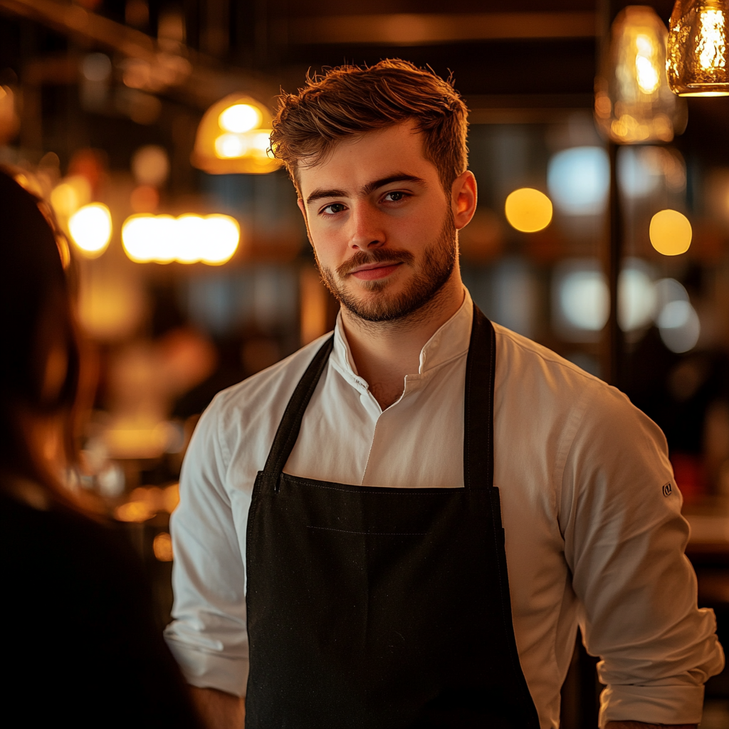 Un camarero parece tranquilo y sereno mientras está de pie en un restaurante | Fuente: Midjourney