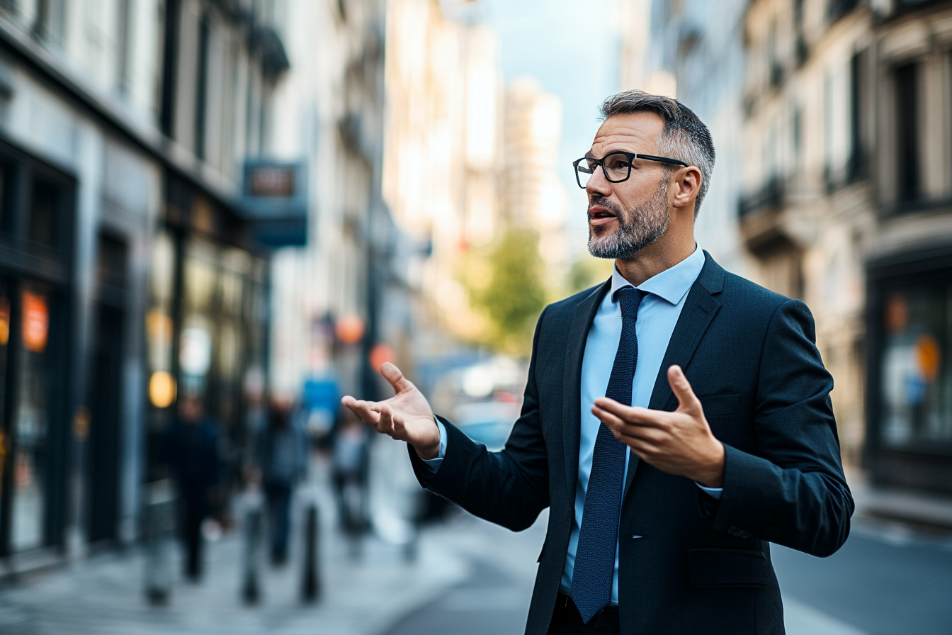 Un hombre de negocios hablando con alguien en una esquina | Fuente: Midjourney