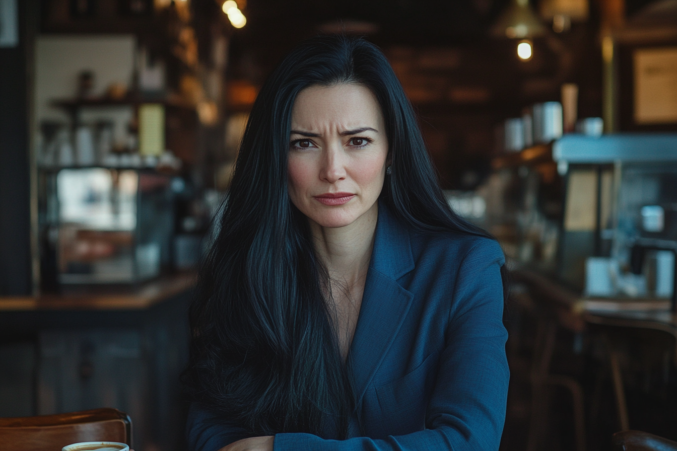 Una mujer sentada en una cafetería, con cara de disgusto y confusión | Fuente: Midjourney