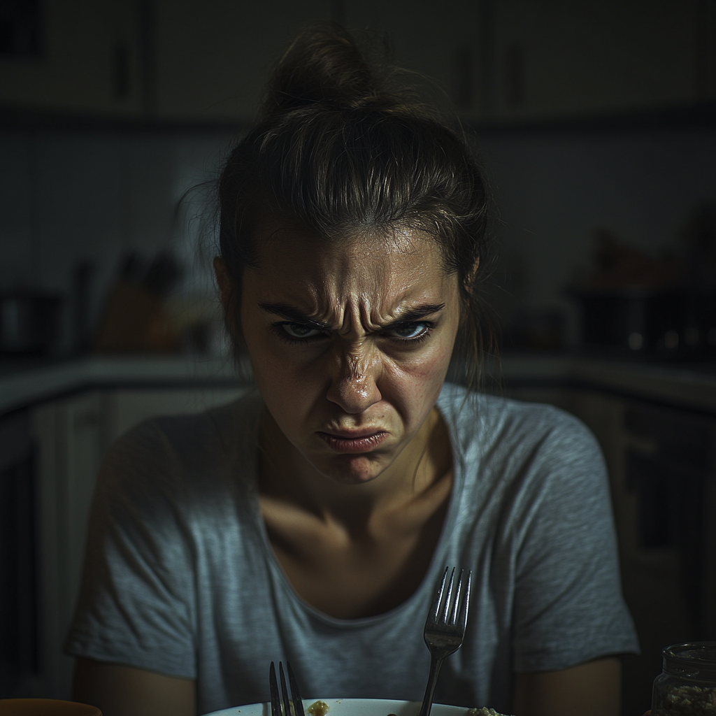 Una mujer enfadada sujetando un tenedor | Fuente: Midjourney