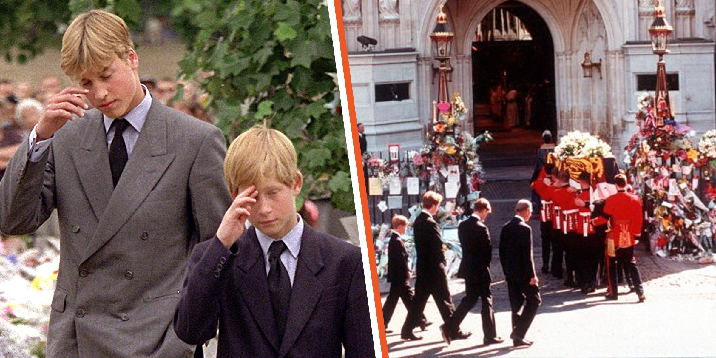 Los príncipes William y Harry el día antes del funeral de su madre [Izquierda]; William y Harry detrás del ataúd de su madre el día de su funeral, el 6 de septiembre de 1997 [Derecha]. | Foto: Getty Images