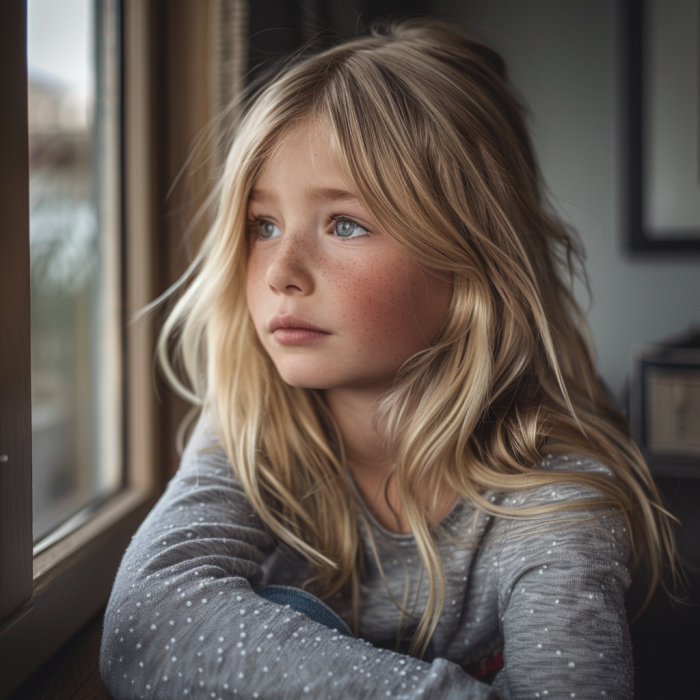 Una niña triste y pensativa mirando por la ventana | Fuente: Midjourney
