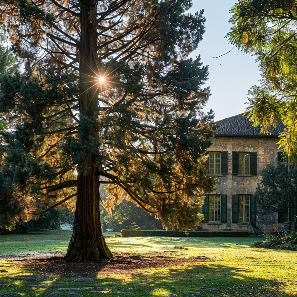 Un árbol alto y sombreado con vistas a una casa | Fuente: Midjourney