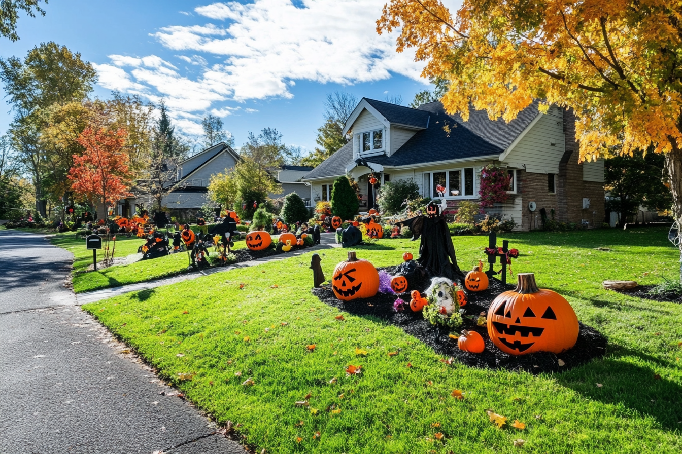 Adornos de Halloween en un jardín delantero | Fuente: Midjourney