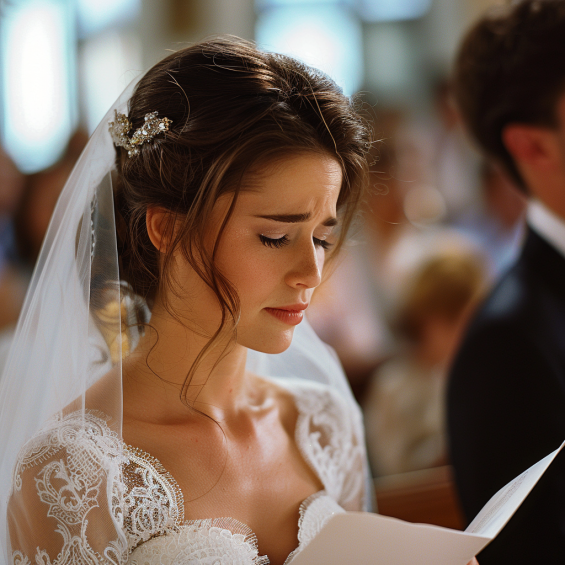 Una novia emocionada leyendo una carta junto al novio en el altar | Fuente: Midjourney