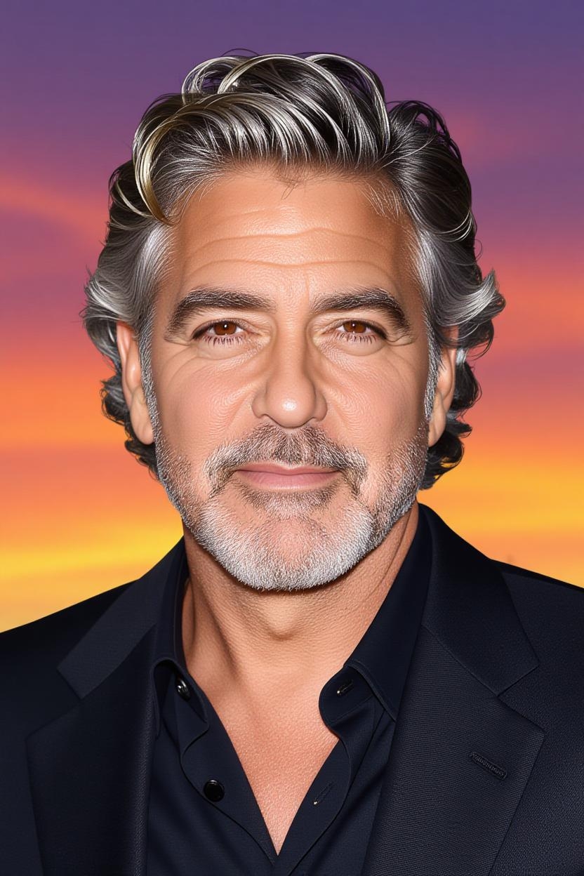 Una imagen generada por IA de George Clooney con un peinado diferente | Fuente: Grok