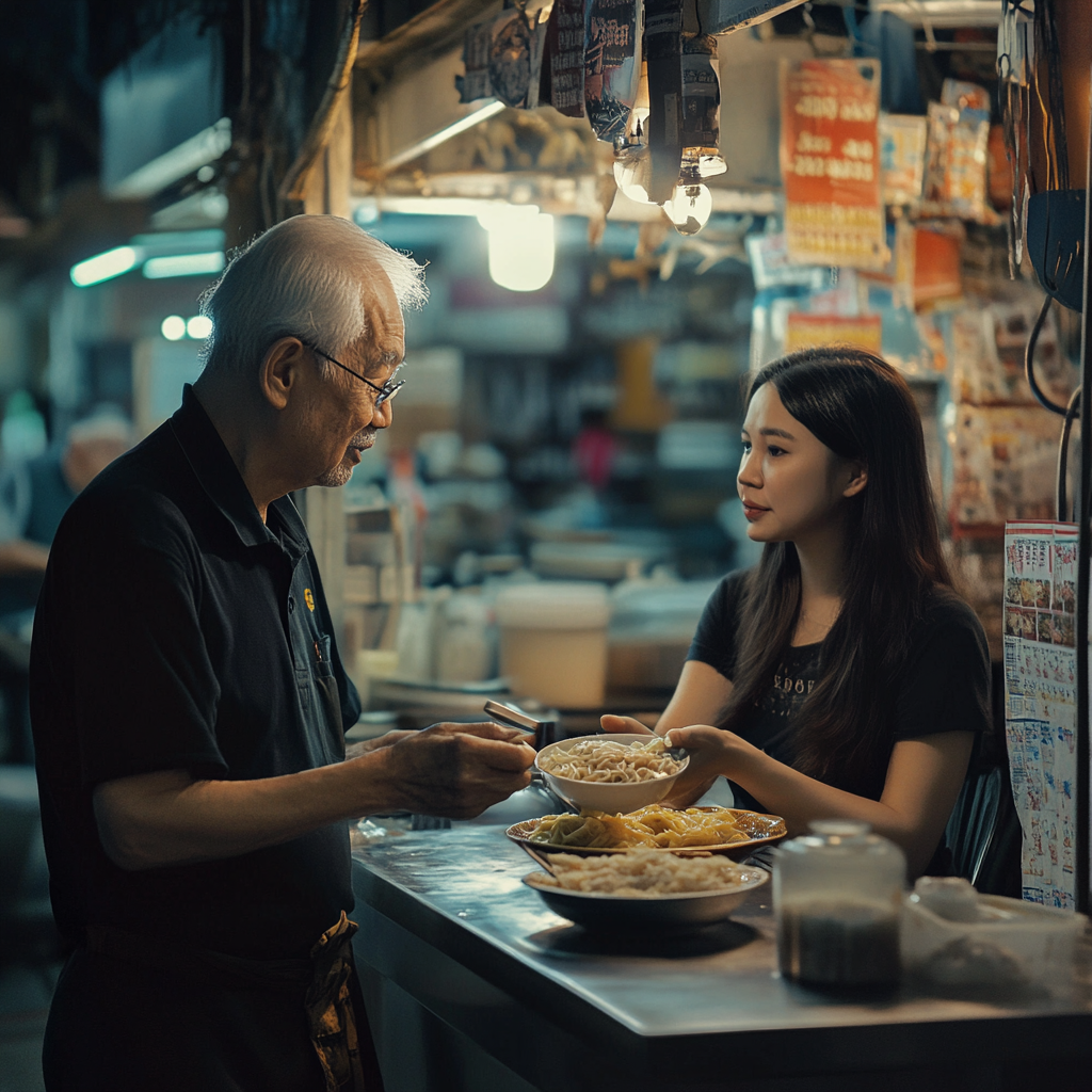 Un anciano en su tienda de fideos sirviendo a una joven | Fuente: Midjourney