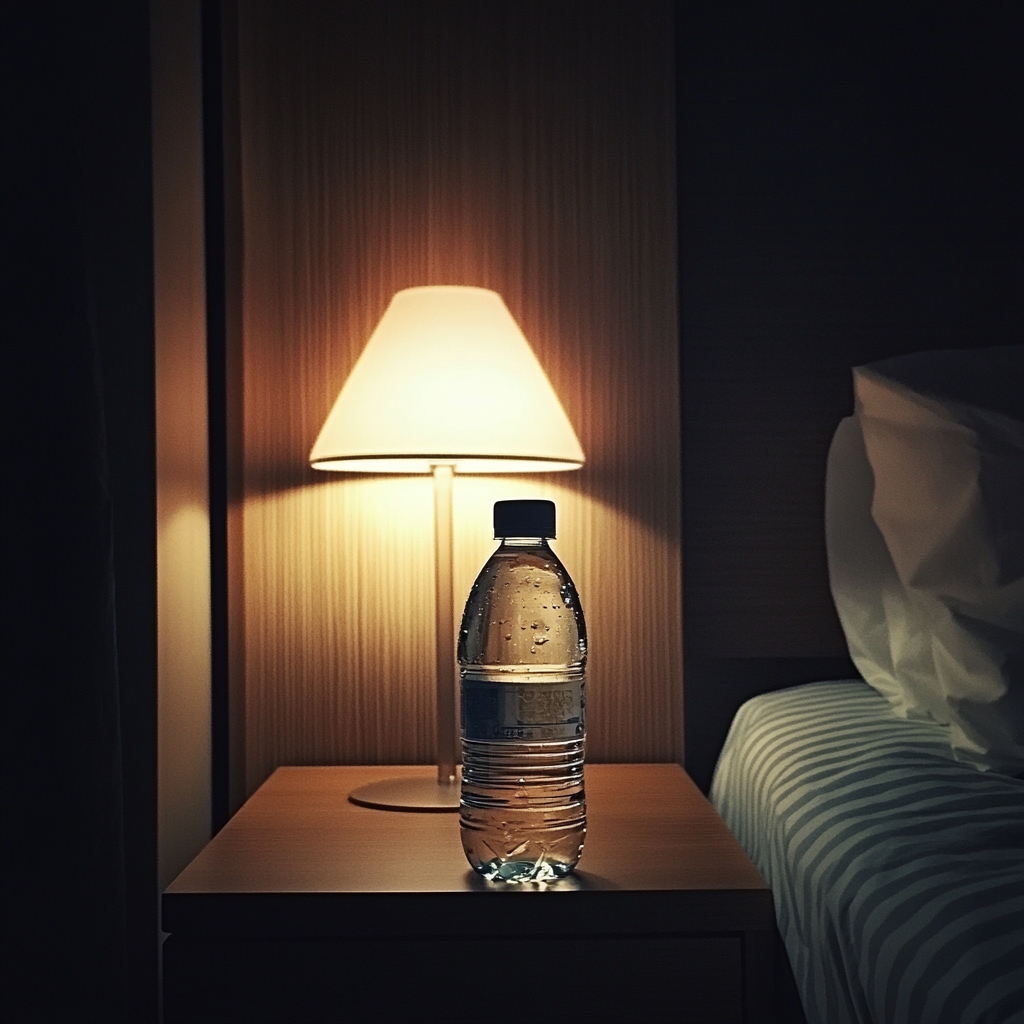 Una botella de agua en una mesilla de noche | Fuente: Midjourney