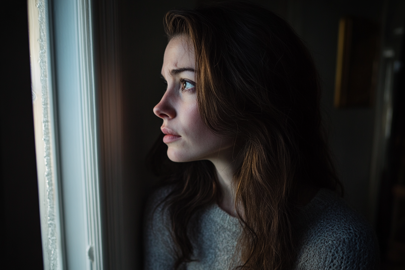 Una mujer triste mirando por la ventana | Fuente: Midjourney